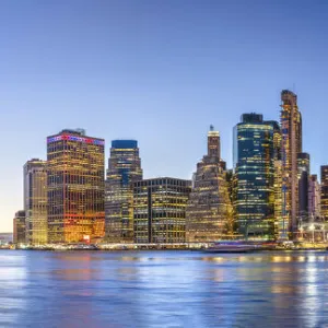 Lower Manhattan skyline and East River at dusk, Manhattan, New York, USA