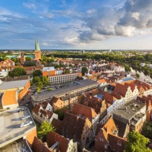 Lubeck, Baltic coast, Schleswig-Holstein, Germany. High angle view over the old town
