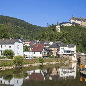 Luxembourg, Vianden, View of Vianden Castle above the town and Our River