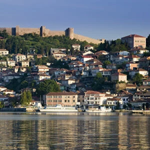 Macedonia, Ohrid, Morning View of Old Town and Car Samoils Castle