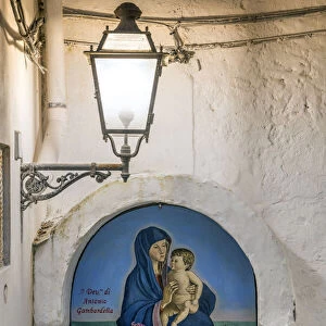 Madonna painting on a house wall, Atrani, Amalfi coast, Campania, Italy