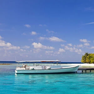 Maldives, Rasdhoo Atoll, Kuramathi Island. A Dive Boat at Kuramathi Island Resort