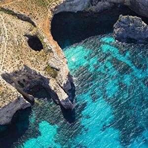 Malta, Gozo Region, Comino. Aerial view of the azure coloured waters of the Blue