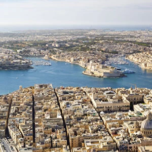 Malta, South Eastern Region, Valletta. Aerial view of Valletta, Grand Harbour