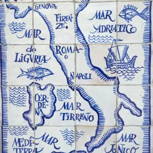 Map of Italy and the Mediterranean made out of ceramic tiles on a street in Seville