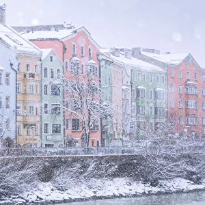 Mariahilf facades on a snowy day, Innsbruck, Tyrol, Austria