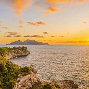 Massa Lubrense, Napoli, Campania, Italy. Sorrento peninsula and Capri island at sunset
