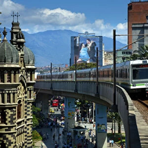 Medellin, Colombia, Elevated Metro Pulls Into Parque Berrio Station In Front Of The
