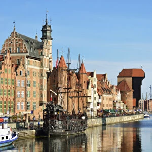 The medieval crane (Zuraw) at the Old Town and the Motlawa river in Gdansk. Poland