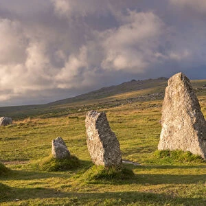 Megalithic standing stones, part of Merrivale stone row, Dartmoor, Devon, England