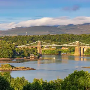 Menai Suspension Bridge at sunset, Menai Bridge, Anglesey, Wales, Great Britain, United Kingdom Menai Suspension Bridge at sunset, Menai Bridge, Anglesey, Wales, Great Britain, United Kingdom