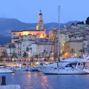 Menton at dusk, Cote D azur, France, Europe