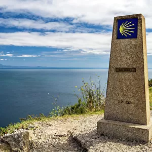 Milestone marking the end of Way of St. James, Cape Finisterre (Cabo Fisterra), Galicia, Spain