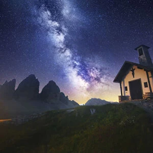 Milky way over the Tre Cime di Lavaredo in summer, Dolomites, Italy
