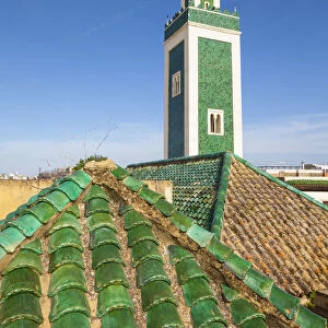 Minaret and rooftop, Bou Inania Medersa, Medina, Meknes, Morocco