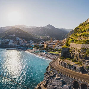 Minori and coastal road, Amalfi Coast, Gulf of Salerno, Salerno province, Campania, Italy