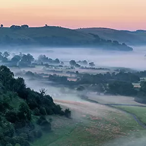 Mist in Valley at Dawn, Earl Sterndale, Peak District National Park, Derbyshire, England