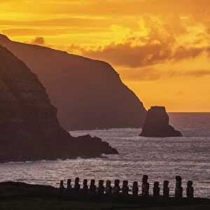 Moais in Ahu Tongariki at sunrise, elevated view, Rapa Nui National Park, Easter Island