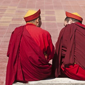 MONGOLIA, Ulaanbaatar, Gandan (Gandantegchenling) Monastery, Monks chatting