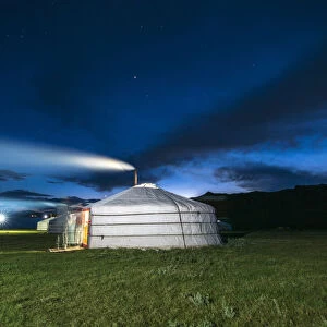 Mongolian ger camp shot at night. Tariat district, North Hangay province, Mongolia
