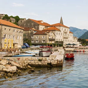 Montenegro, Bay of Kotor, Kotor. View over Perast harbour and St Nikola Church