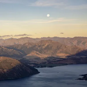 Moonlight over Lake Wanaka and Mt Aspiring NP at sunset