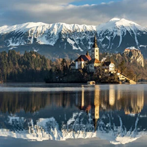 Morning sunlight over Church of the Assumption of Mary, Lake Bled, Upper Carniola