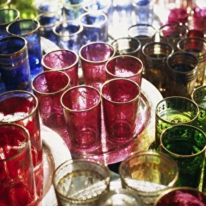 MOROCCO, Marrakesh Colourful Moroccan glassware in the souqs of Marrakesh