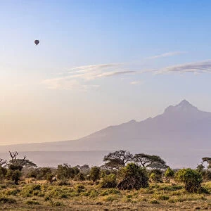 Mount Kilimanjaro and hot air baloon, Amboseli National Park, Kenya