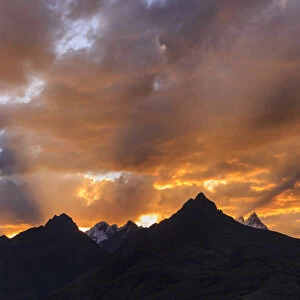 Mountains silhouette at sunset. Ancash, Cordigliera Blanca, Peru