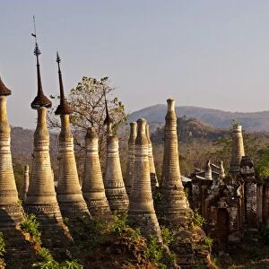 Myanmar, Burma, Inle Lake. Ancient Buddhist shrines, stupas and pagodas at Shwe Inn Thein Paya