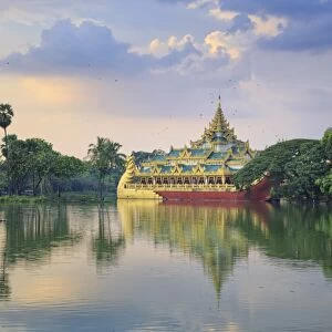 Myanmar (Burma), Yangon (Rangoon), Shwedagon Paya (Pagoda), Karaweik Hall and Kandawgyi