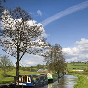 Narrowboats moored on the Monmouthshire and Brecon Canal near Pencelli, Brecon Beacons