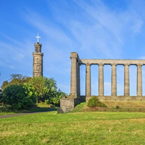 National Monument with Nelson Monument, Calton Hill, Edinburgh, Scotland, Great Britain