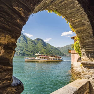 Nesso, lake Como, Como province, Italy. View of the lake from the old Roman stone bridge