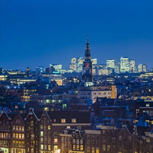 Netherlands, Amsterdam, elevated city skyline from the north, dusk