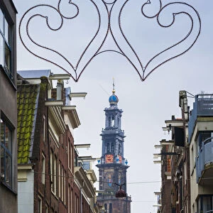 Netherlands, Amsterdam, Jordaan area, heart decoration and Westerkerk church