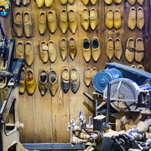 Netherlands, North Holland, Zaandam. Wooden shoe workshop, clog making in the village