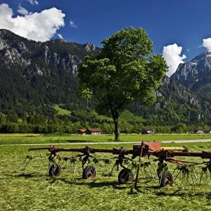 Neuschwanstein Castle in the distance with Farming equipment in the foreground