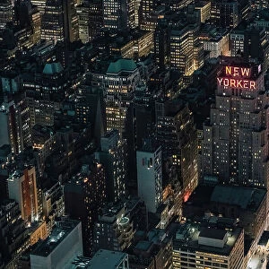 New York Skyline at night, the New Yorker sign, New York City, USA