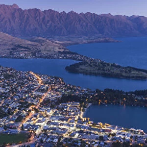 New Zealand, South Island, Otago, Queenstown, elevated town view with The Remarkables