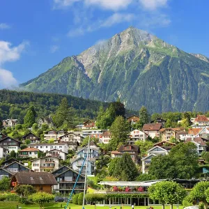 Niesen mountain and harbour, Spiez, Canton of Bern, Switzerland Niesen mountain and harbour, Spiez, Canton of Bern, Switzerland