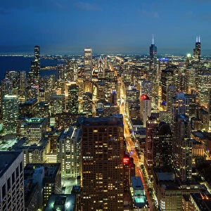 Night aerial view of downtown skyline, Chicago, Illinois, USA