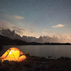 The night in the tent in front of Mont Blanc from Lac de Chesery, Haute Savoie, France