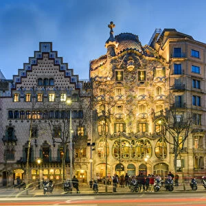 Night view of Casa Batllo and Casa Amatller, Barcelona, Catalonia, Spain
