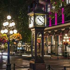 Night view of Gastown steam clock, Vancouver, British Columbia, Canada