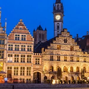 Night view of Graslei quay with Post Plaza tower, Ghent, East Flanders, Belgium