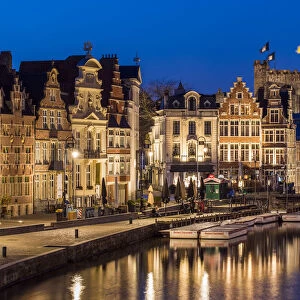 Night view of guild houses along Korenlei quay, Ghent, East Flanders, Belgium