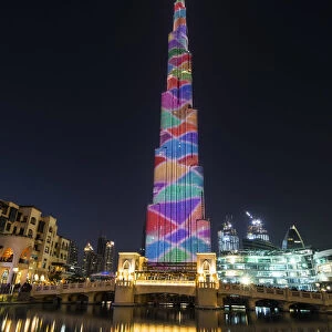 Night view of LED light show on Burj Khalifa, Dubai, United Arab Emirates