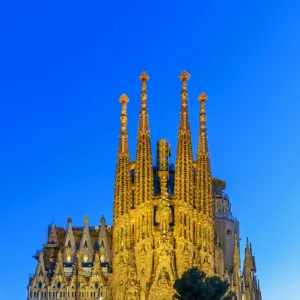 Night view of the Nativity facade of Sagrada Familia basilica church, Barcelona, Catalonia